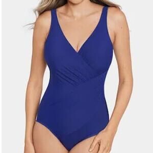 MIRACLESUIT Oceanus Delphina Blue One Piece Wrap Front Ruched Tank Swimsuit 16